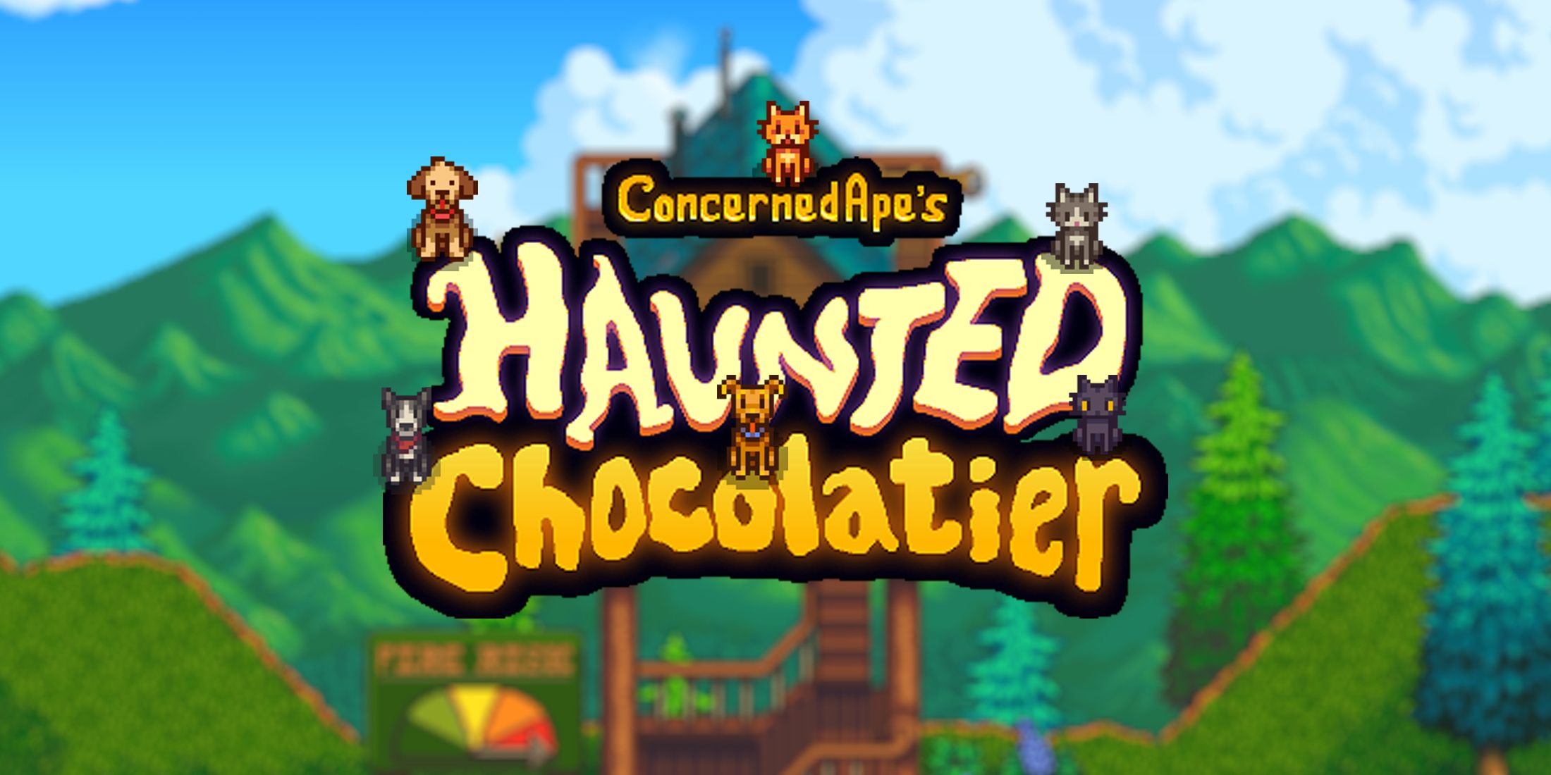Haunted Chocolatier logo with pet cats and dogs