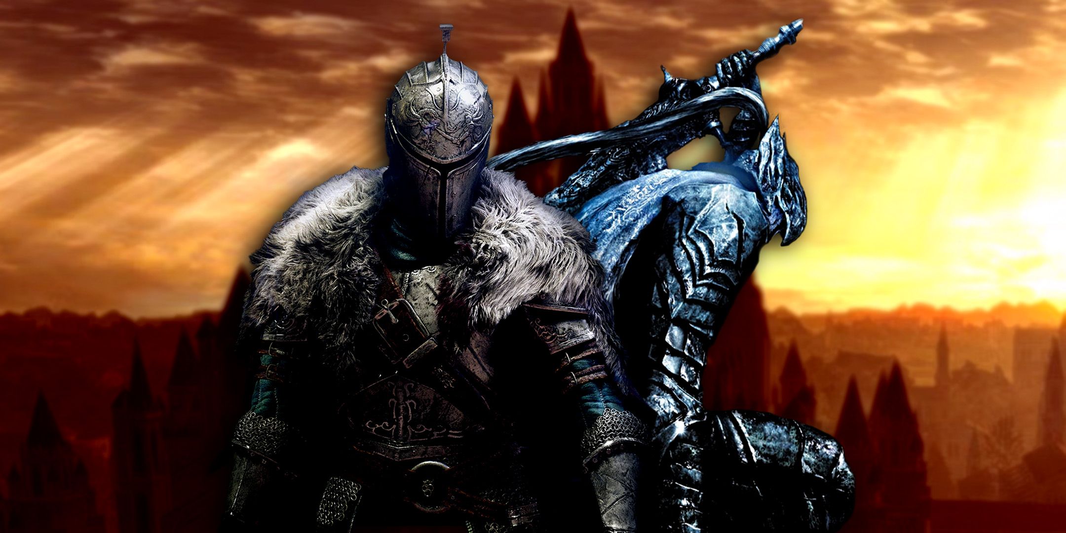 Artorias and warrior from Dark Souls 2 standing next to eachother in Anor Londo
