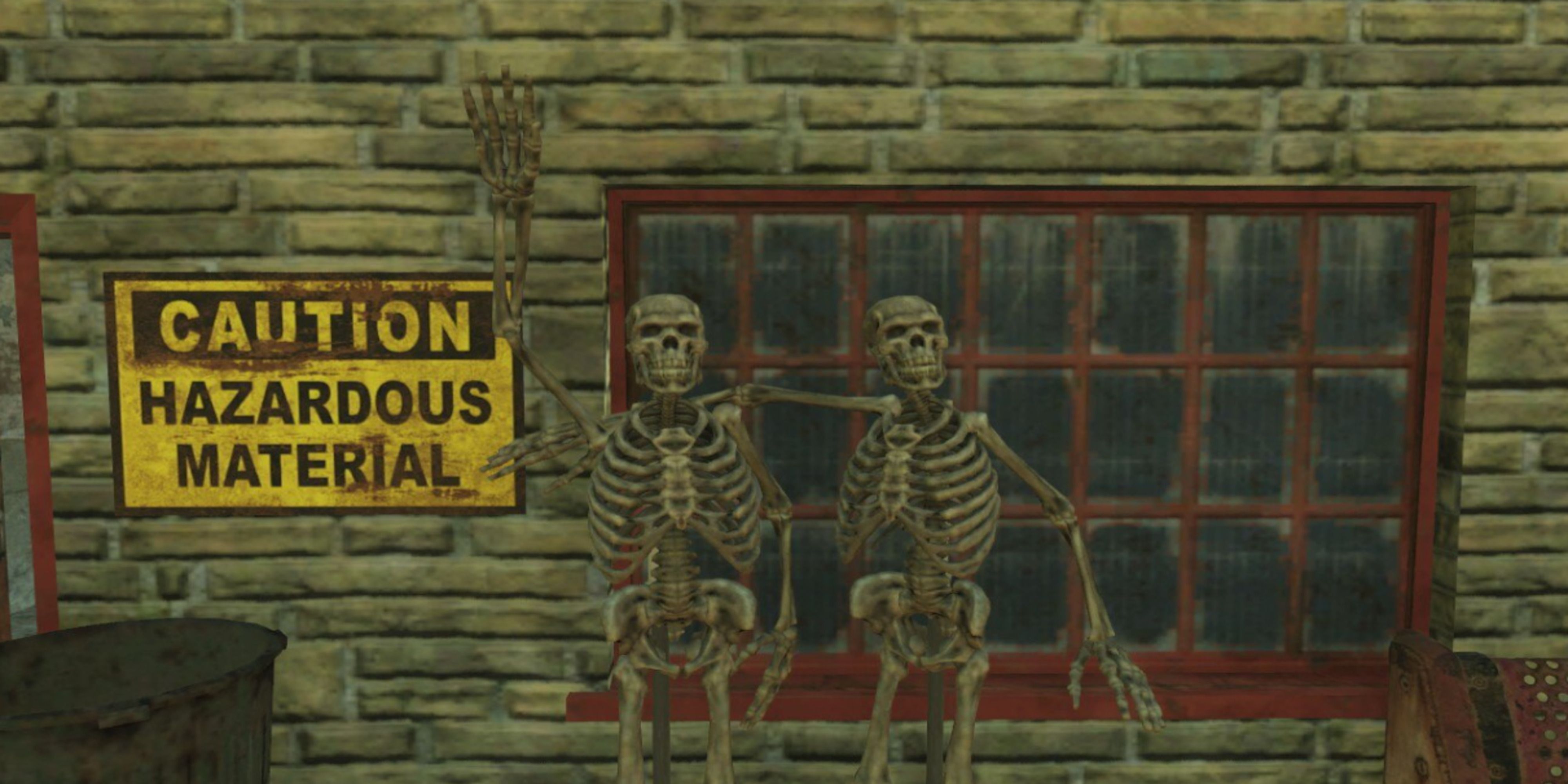 Two skeletons standing at the entrance of Braxton's Quality Medical Supplies in Fallout 76t 76