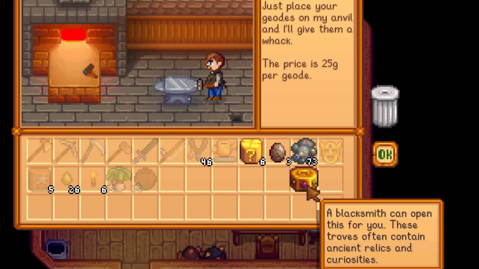 Gunther opening an Artifact Trove in Stardew Valley
