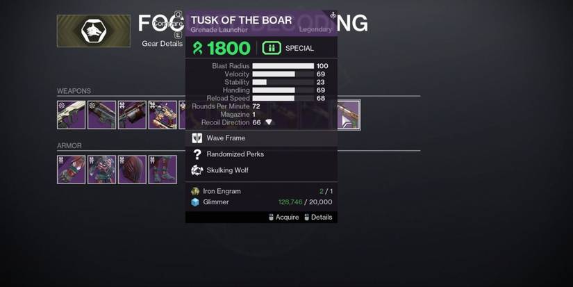 Tusk of the boar in the weapons menu in destiny 2