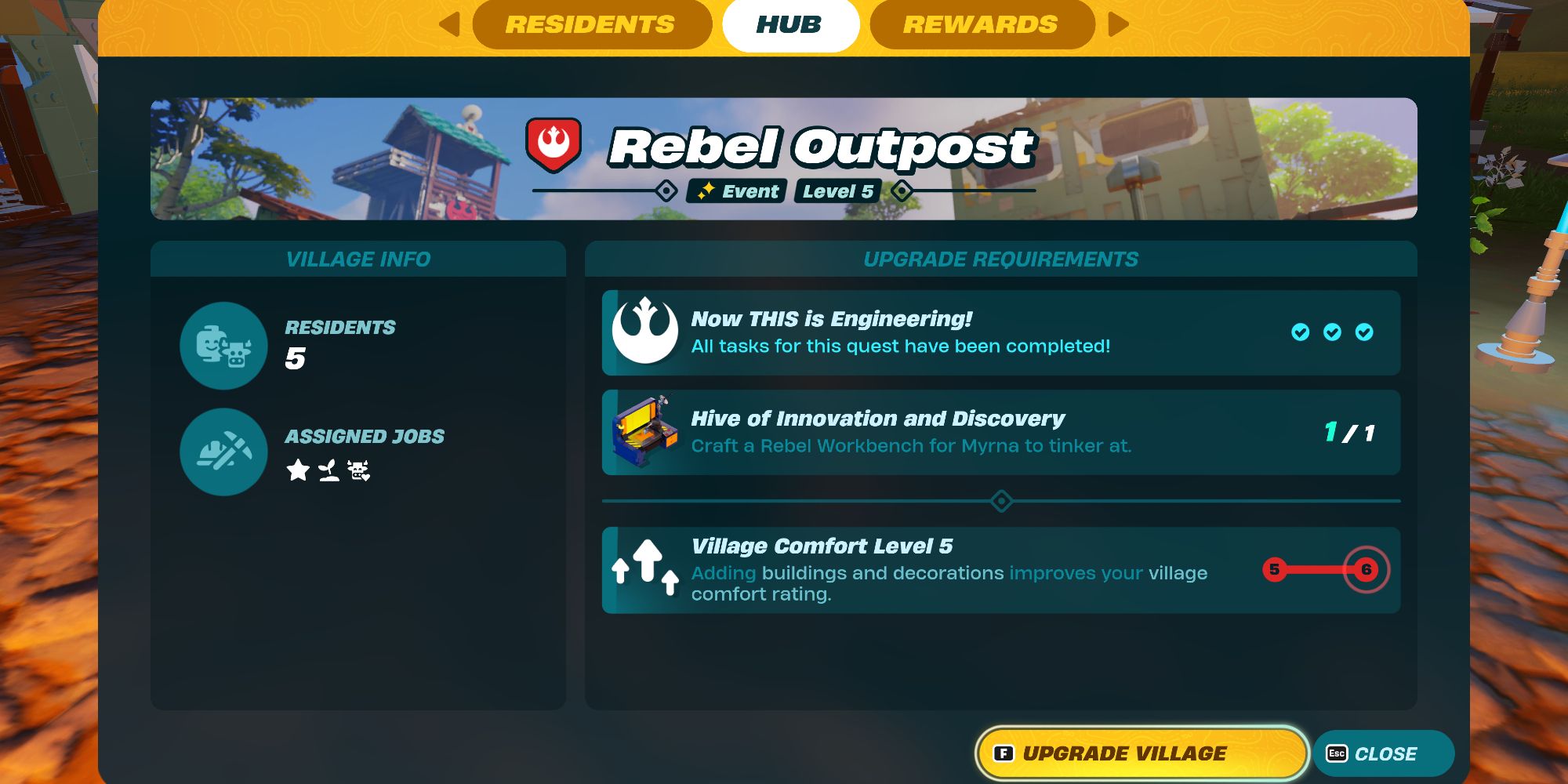 how to upgrade the Rebel Outpost to level 6 in LEGO Fortnite 
