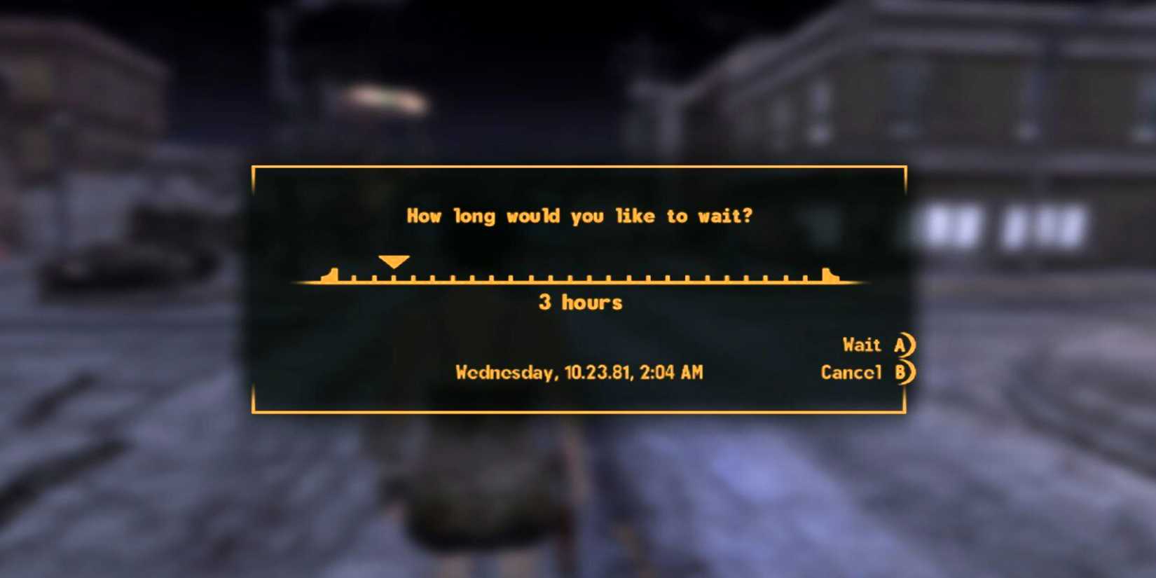 Passing three hours in Fallout: New Vegas by using the Wait mechanic.