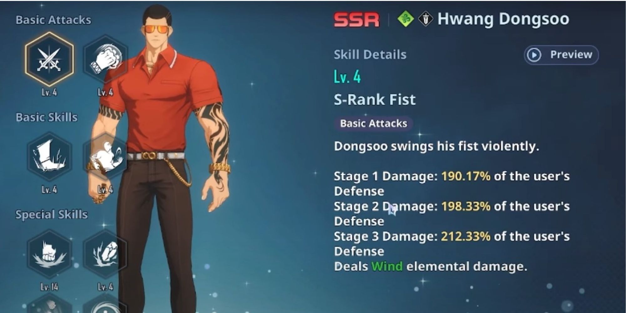 Hwong Doongso from the game with his skill menu 