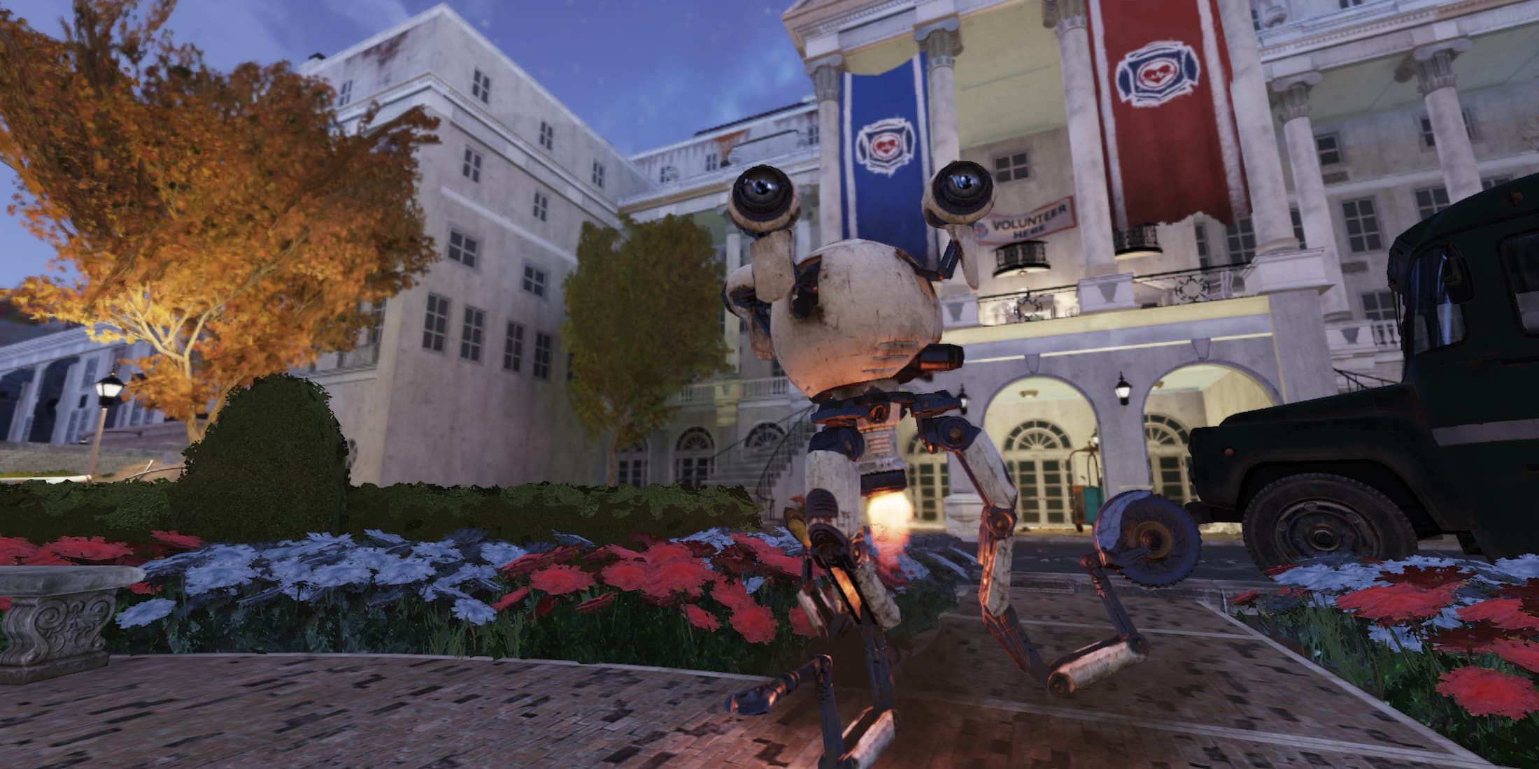 A Mr. Handy infront of the Whitespring Resort in Fallout 76