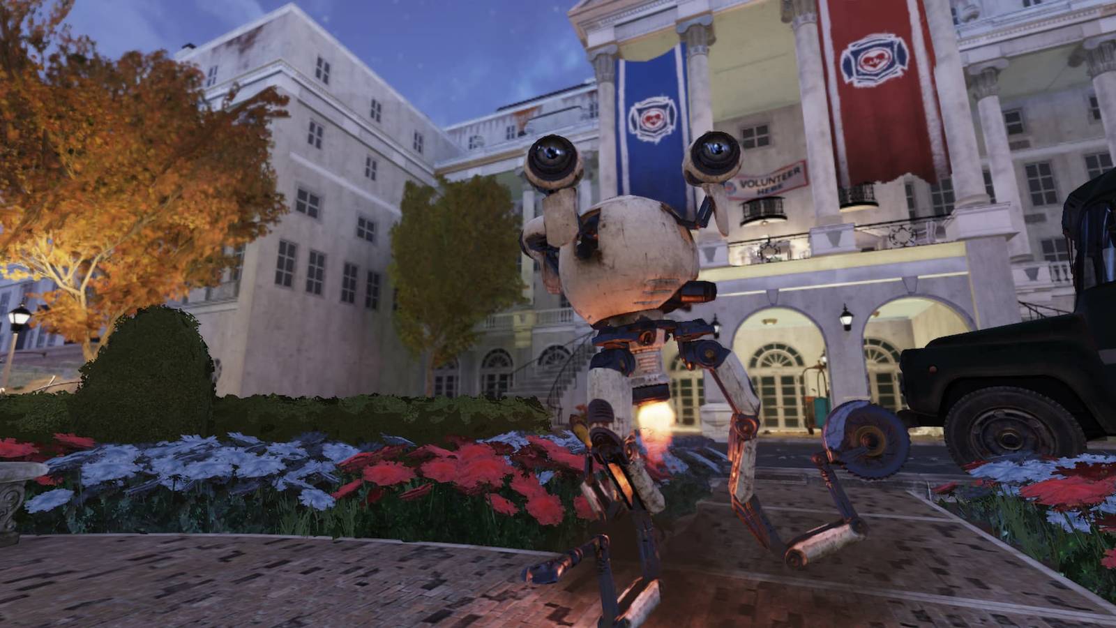 A Mr. Handy infront of the Whitespring Resort in Fallout 76