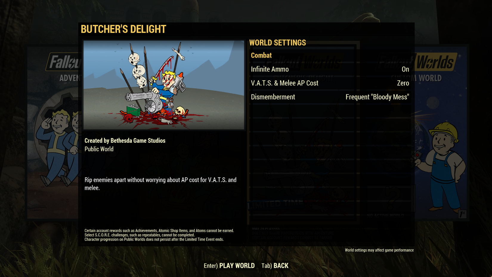 Butcher's Delight world settings in Fallout 76