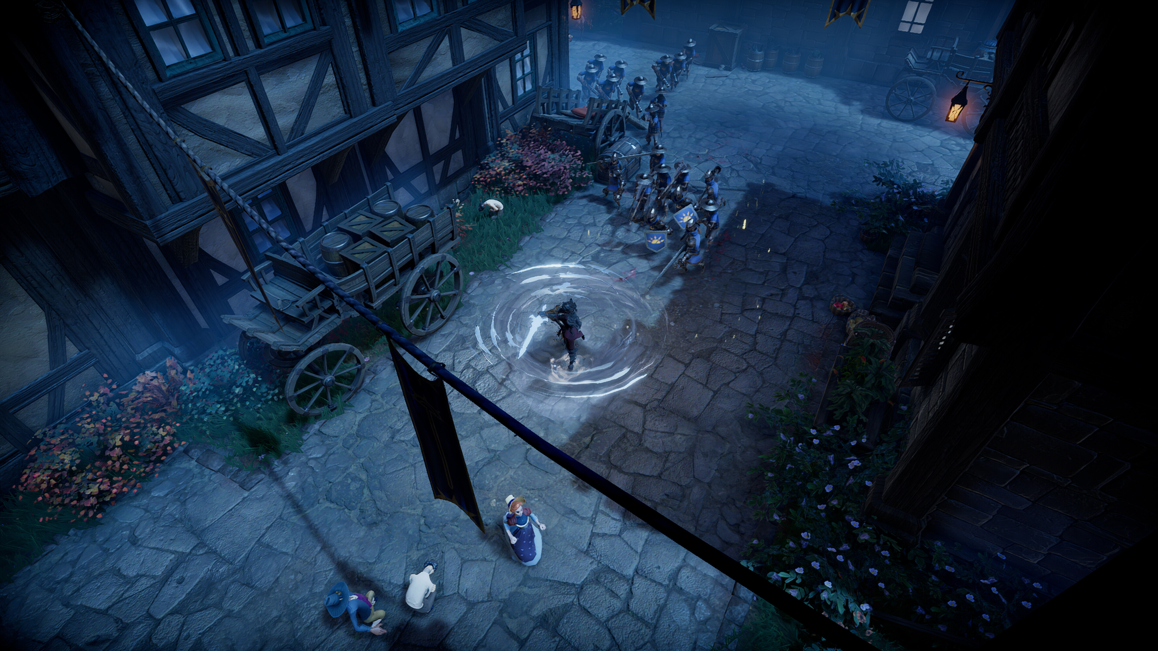 Fighting in the streets of Brighthaven in V Rising