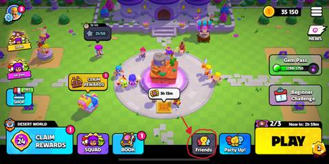 The main screen in Squad Busters with the Friends tab circled