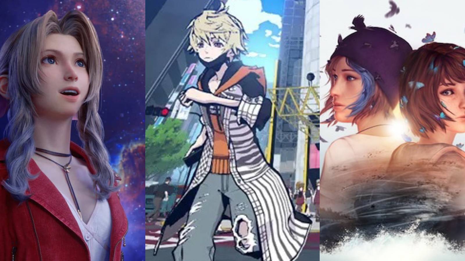 Square Enix games with dark endings: Final Fantasy VII Rebirth (left), The World Ends With You (middle), Life Is Strange (right)