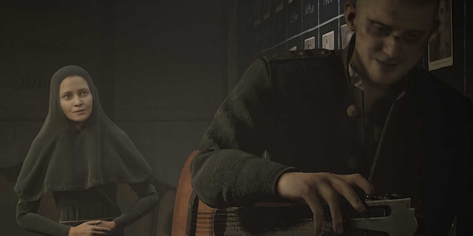 Ilya looking at a guitar and telling Indika he used to play in a band