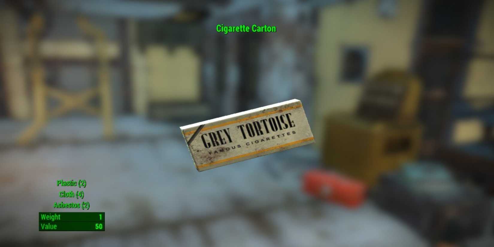 Inspecting a Cigarette Carton that produces Asbestos when scrapped in Fallout 4