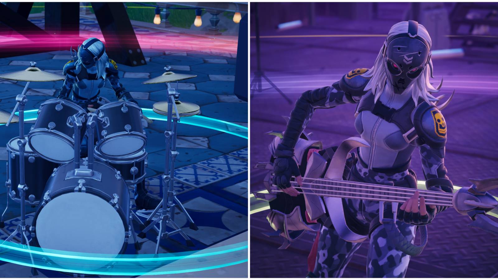 zadie playing the drums and holding a bass