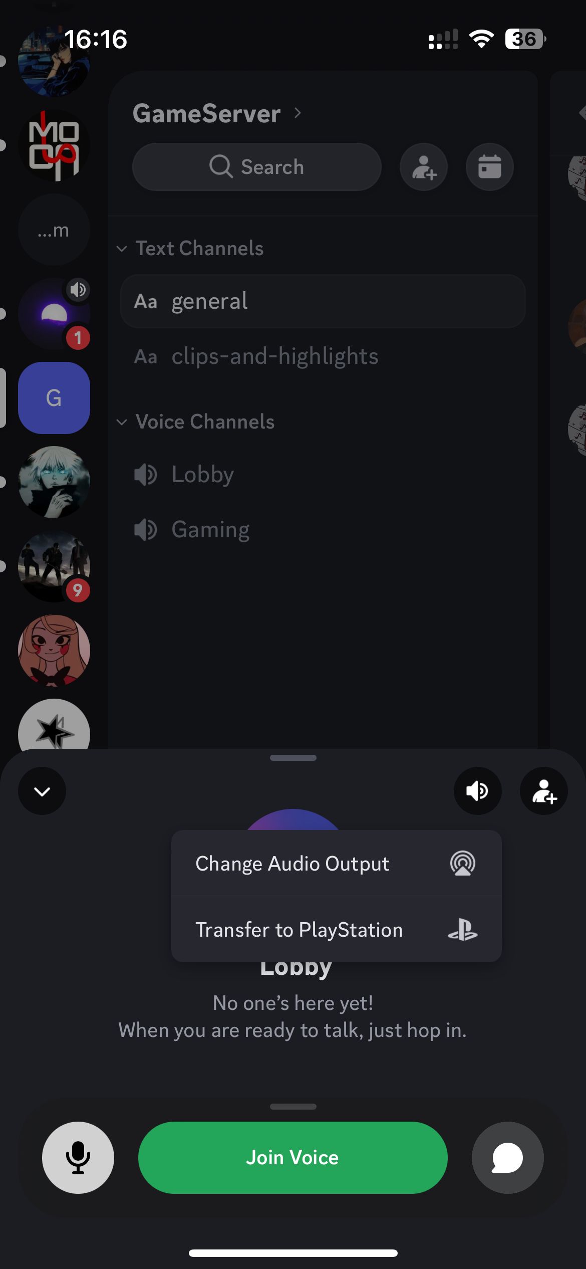 Joining a Discord call on PlayStation from Discord mobile