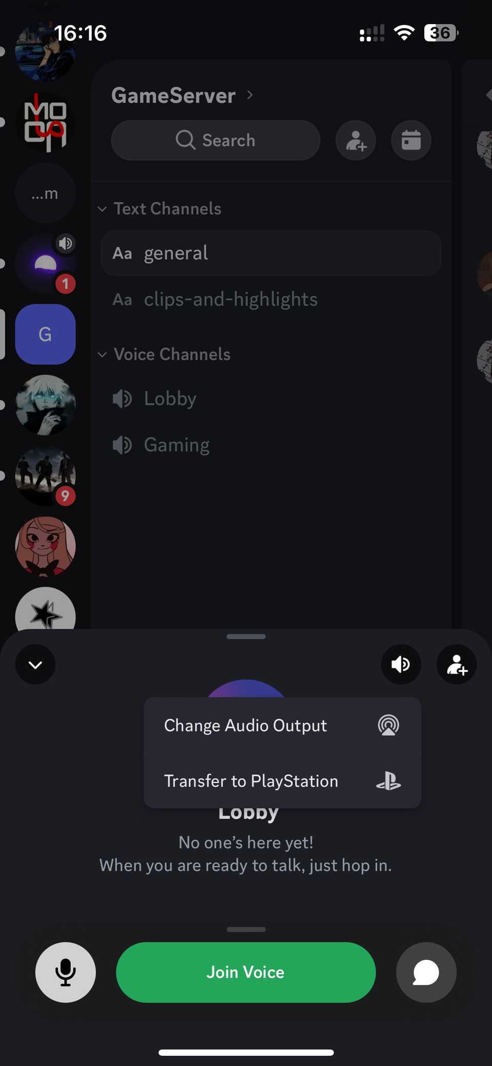 Joining a Discord call on PlayStation from Discord mobile