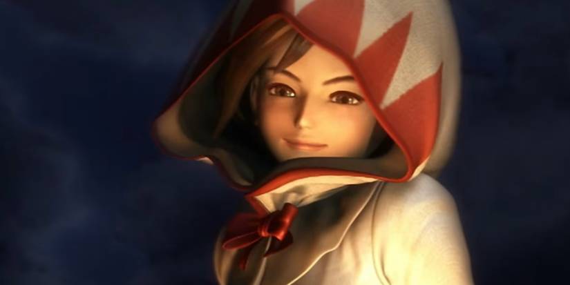 garnet with a hooded outfit standing in front of a cloudy night sky