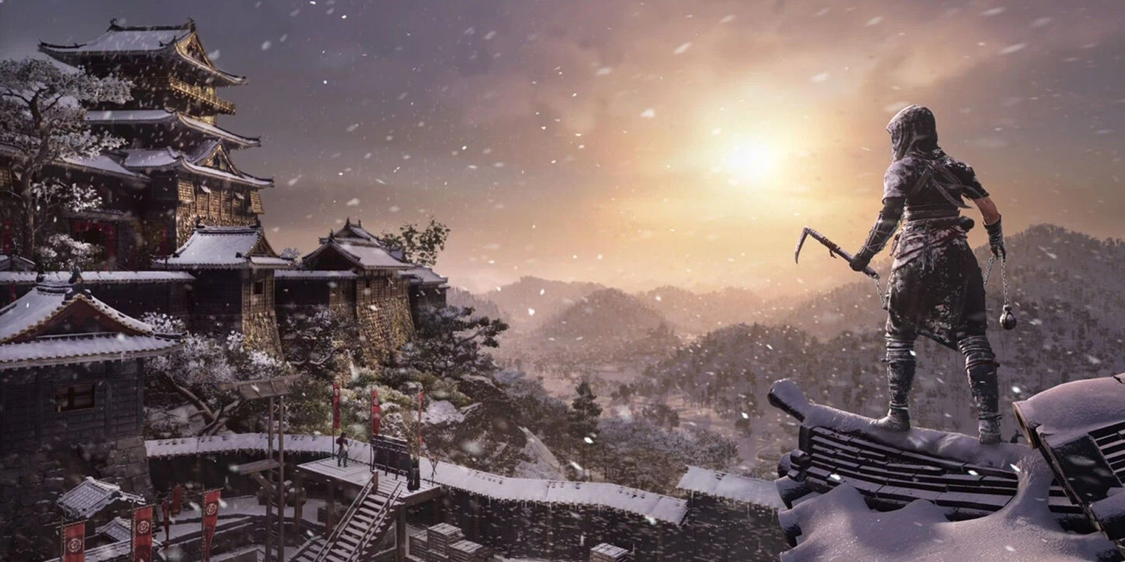 assassins creed shadows naoe on a snowy rooftop