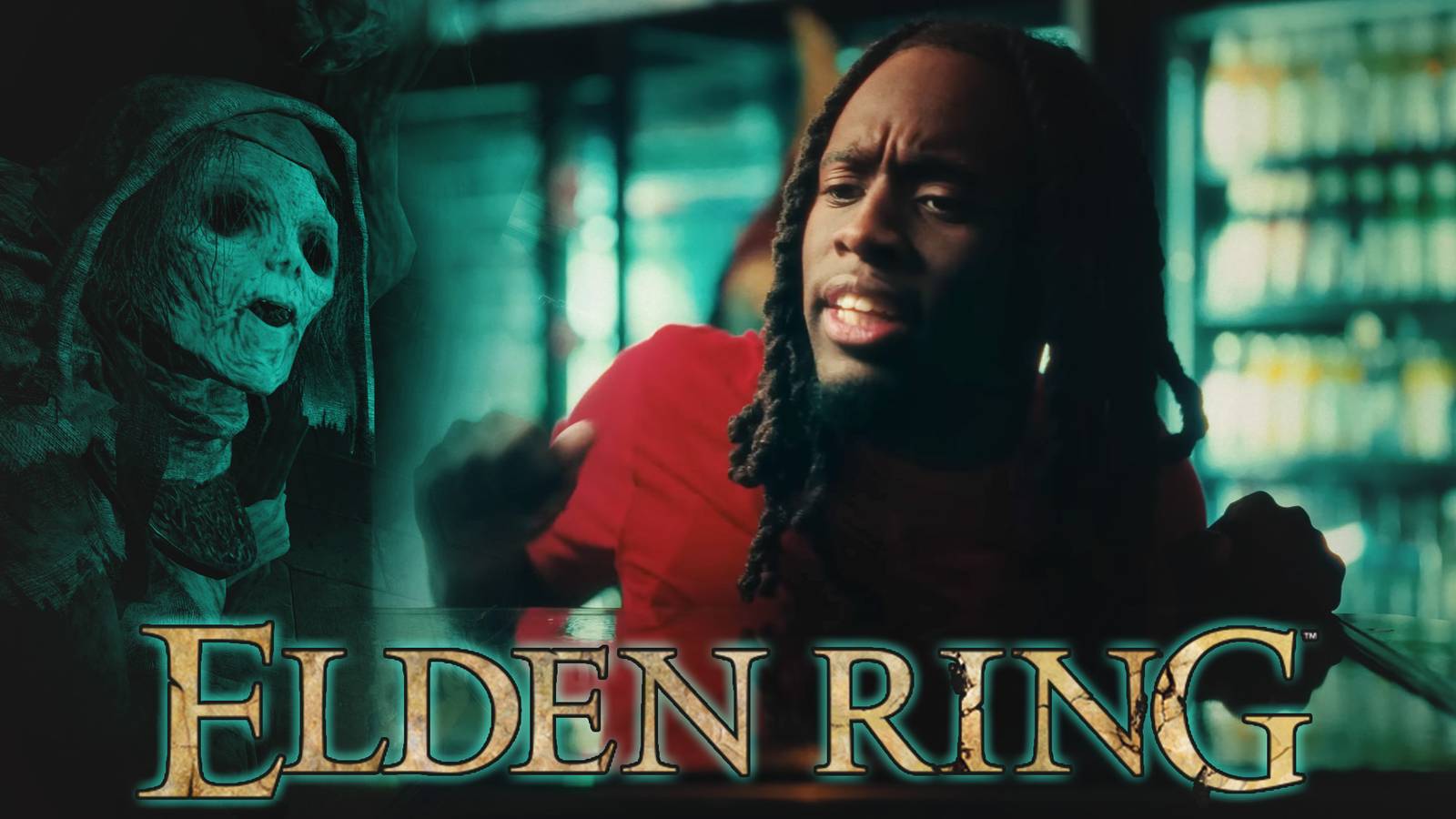 Kai Cenat looking over counter Elden Ring logo and Finger Reader Crone composite