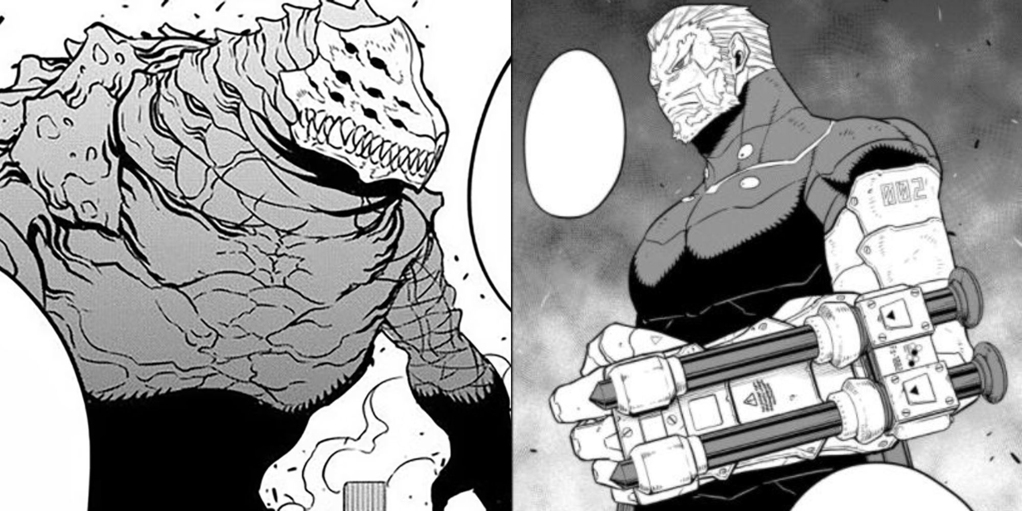 Kaiju No. 2's true appearance, and Isao using Numbers Weapon 2.