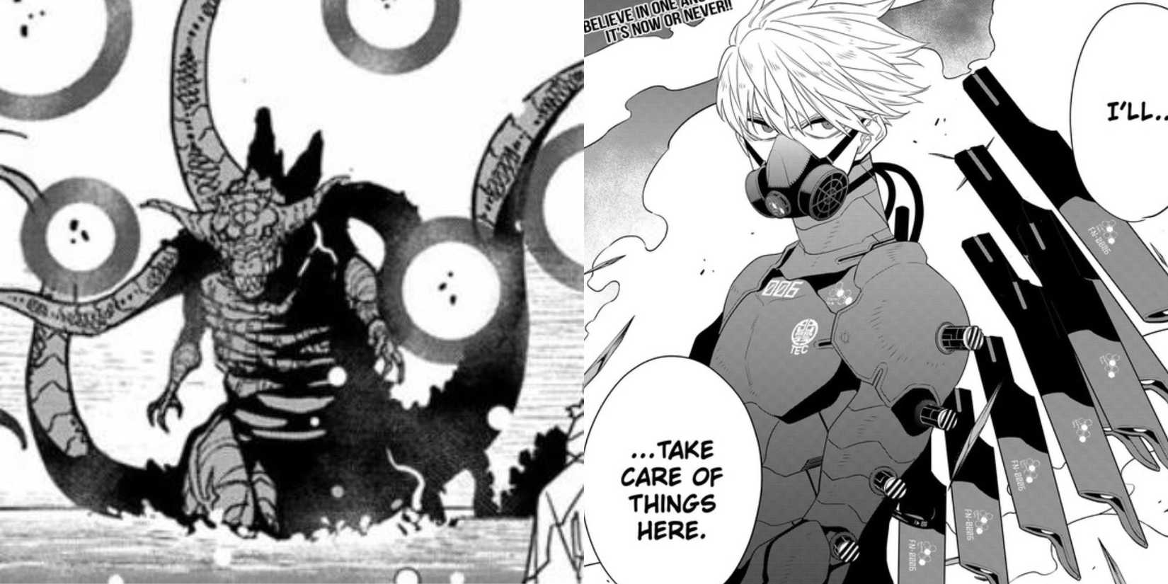 Kaiju No. 6 and Leno using Numbers Weapon 6, which was made with its corpse.