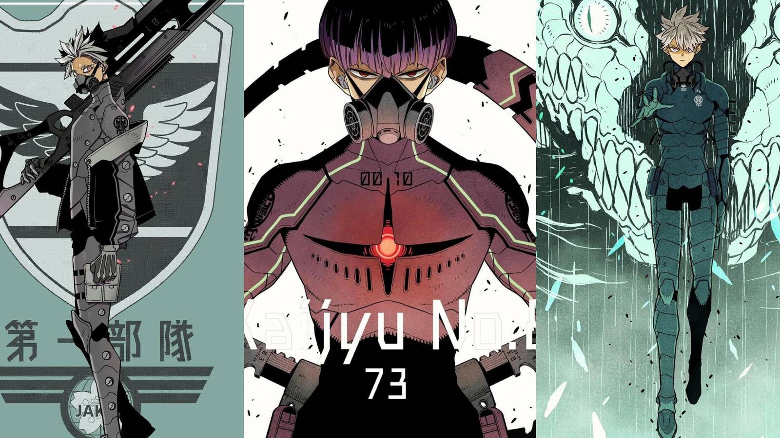 A collage of different colored covers of the manga, featuring different Numbers Weapon: Narumi and Weapon 1, Hoshina and Weapon 10 and Leno and Weapon 6.