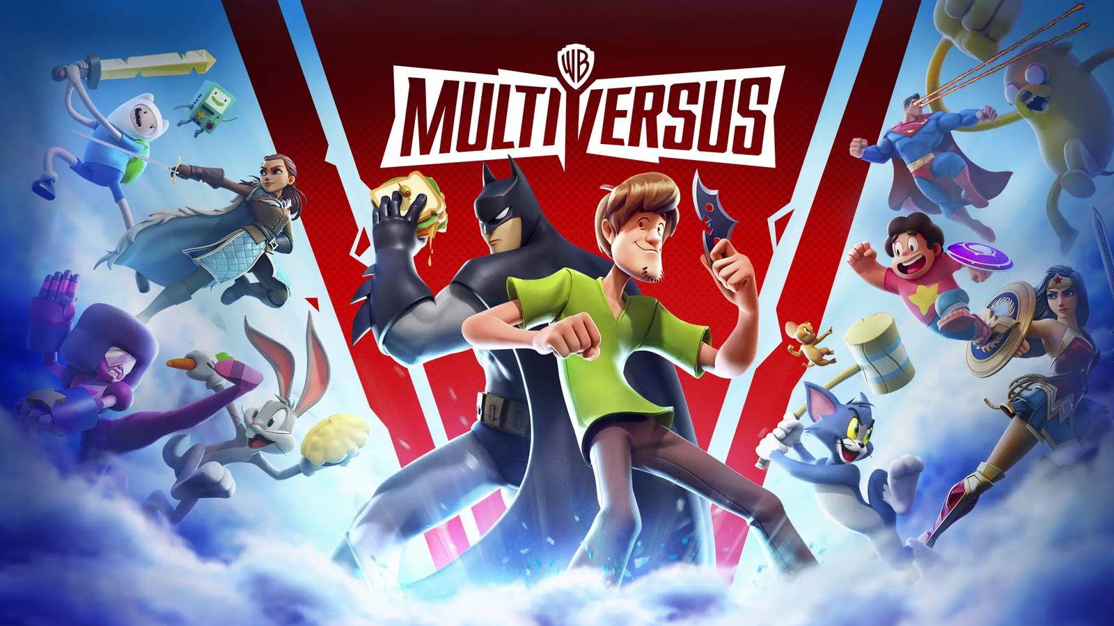 The key art for Multiversus, including characters like Batman, Shaggy, Jake, Superman, and Ayra Stark