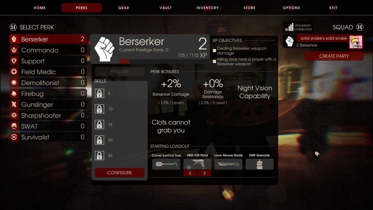 Image of the main page for the berserker perk in Killing Floor 2