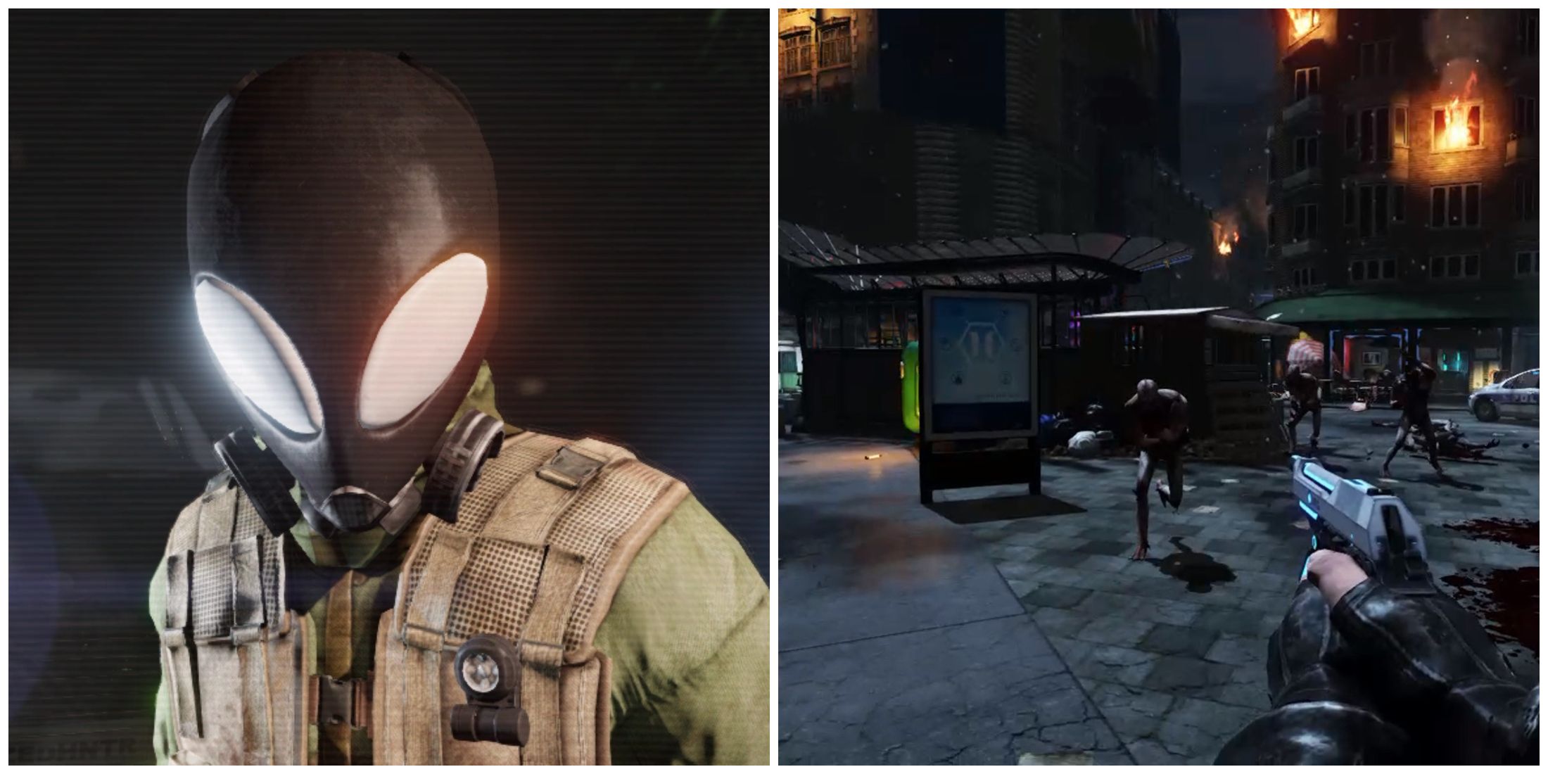 Split image of a special cosmetic mask and a match in Killing Floor 2