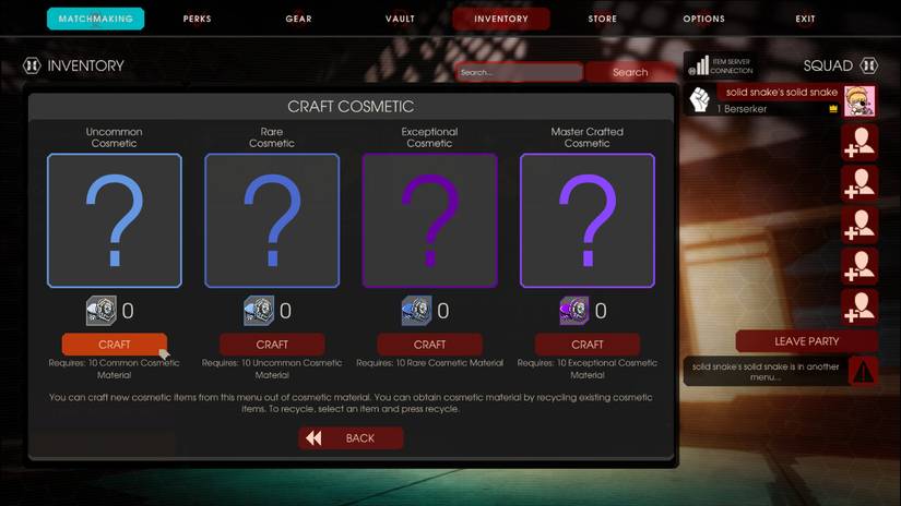 Image of the craft cosmetic menu in Killing Floor 2