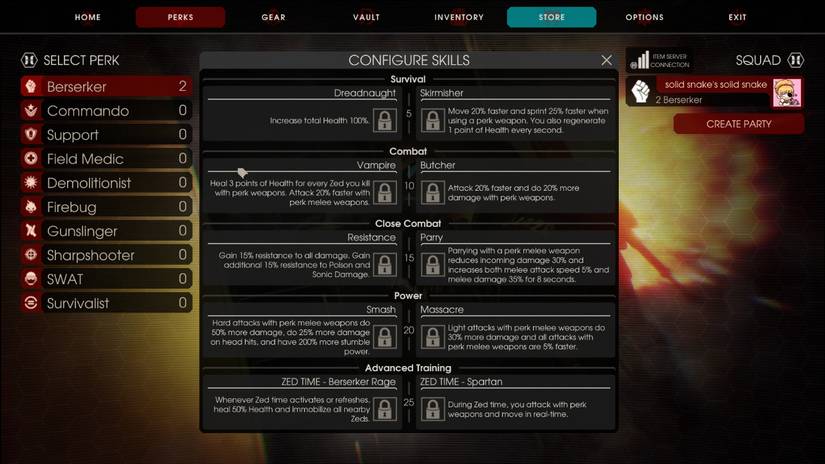 Image of the skills/perks for berserker in Killing Floor 2