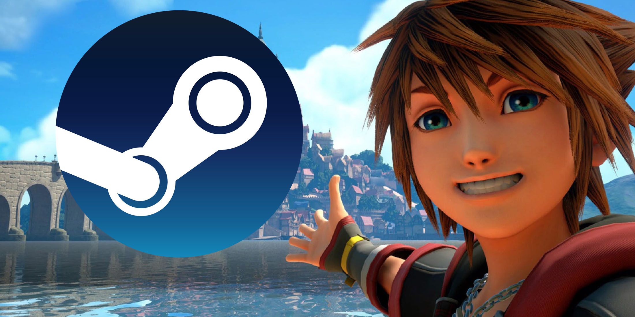 A screenshot of Sora from Kingdom Hearts 3 geasturing toward the Steam logo in the middle of an island city.