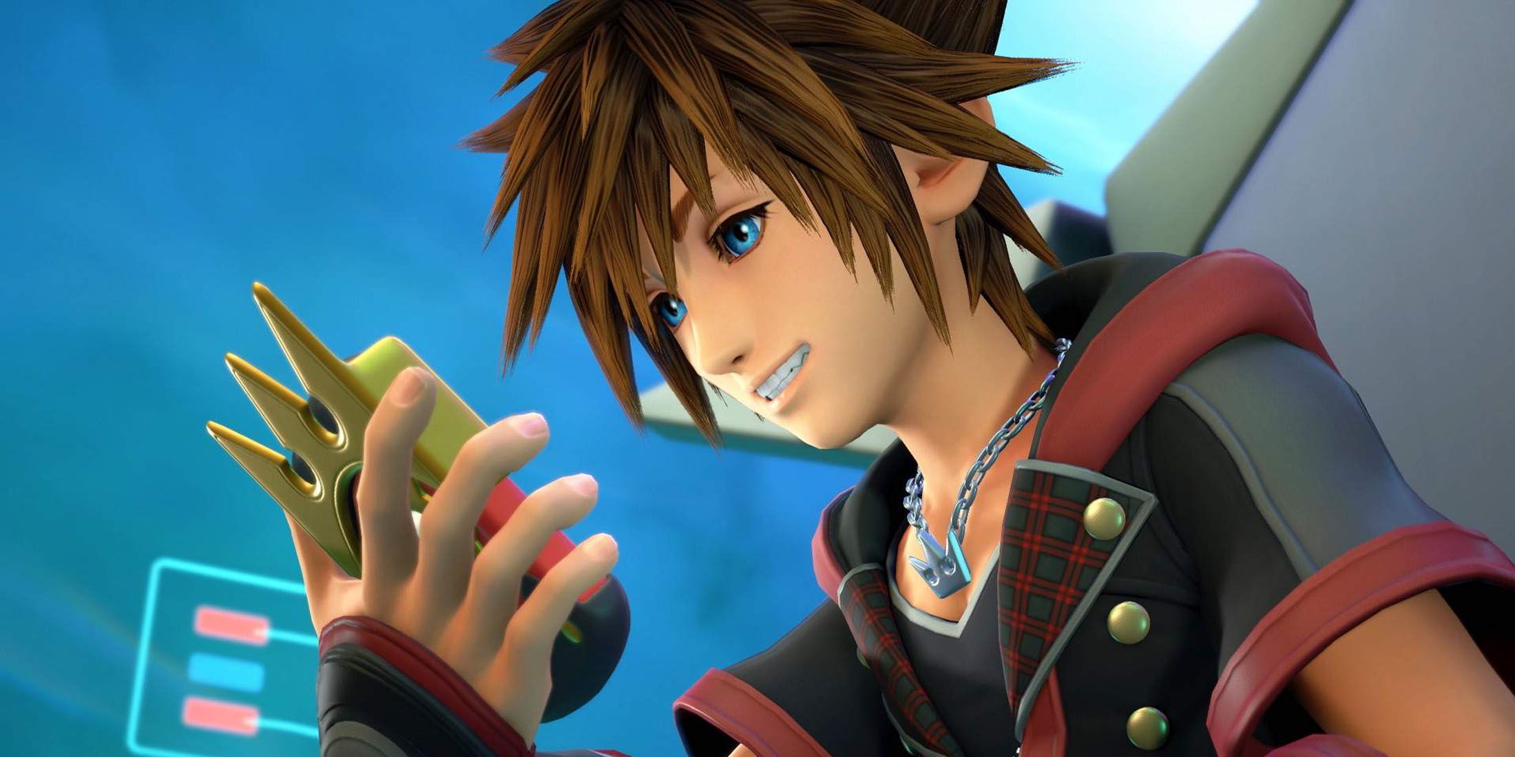 A screenshot of Sora looking at his Gummiphone in Kingdom Hearts 3.