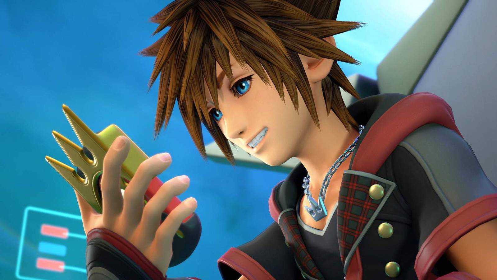 A screenshot of Sora looking at his Gummiphone in Kingdom Hearts 3.