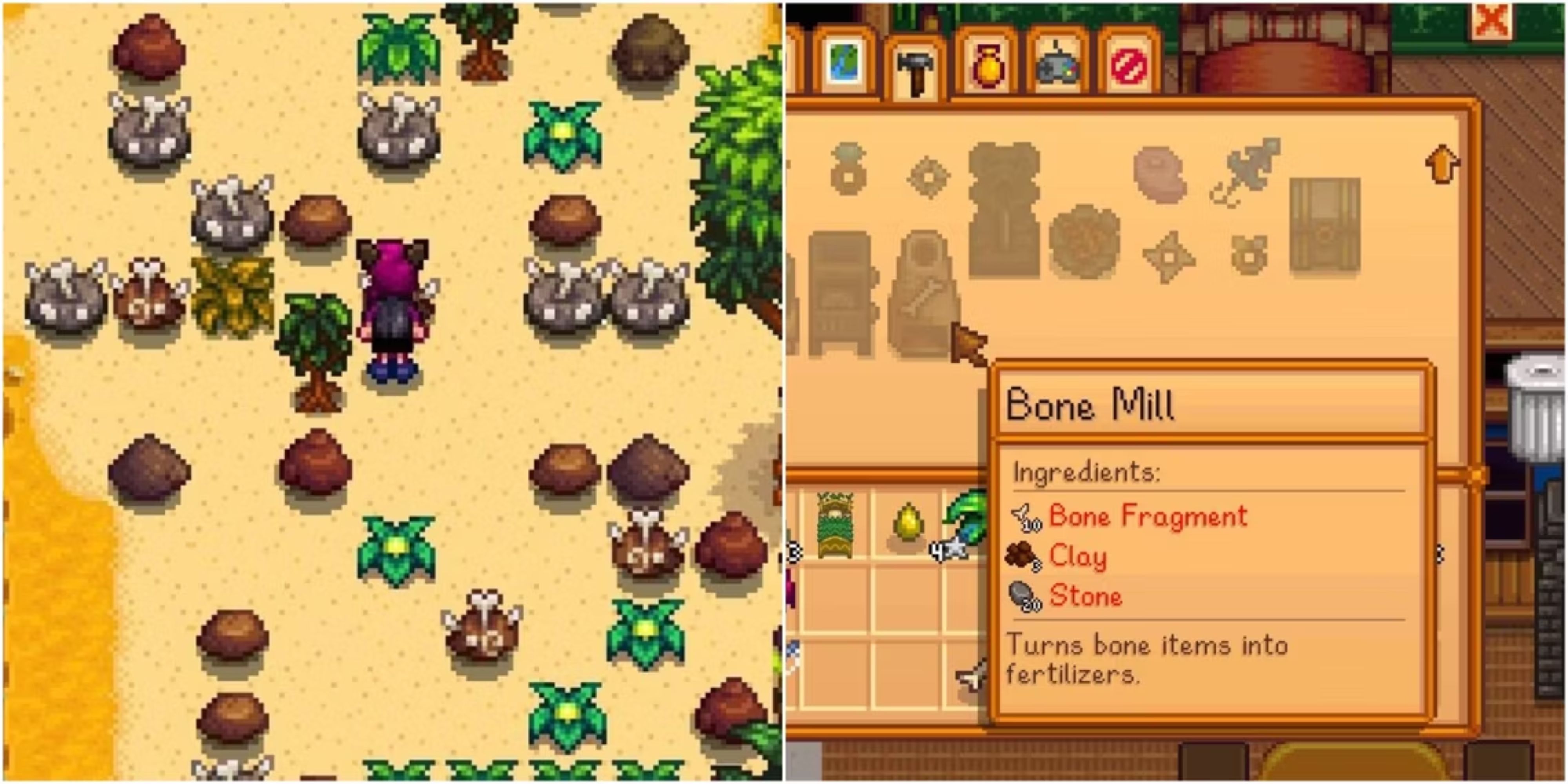 Left player at the dig site; right bone mill crafting recipe