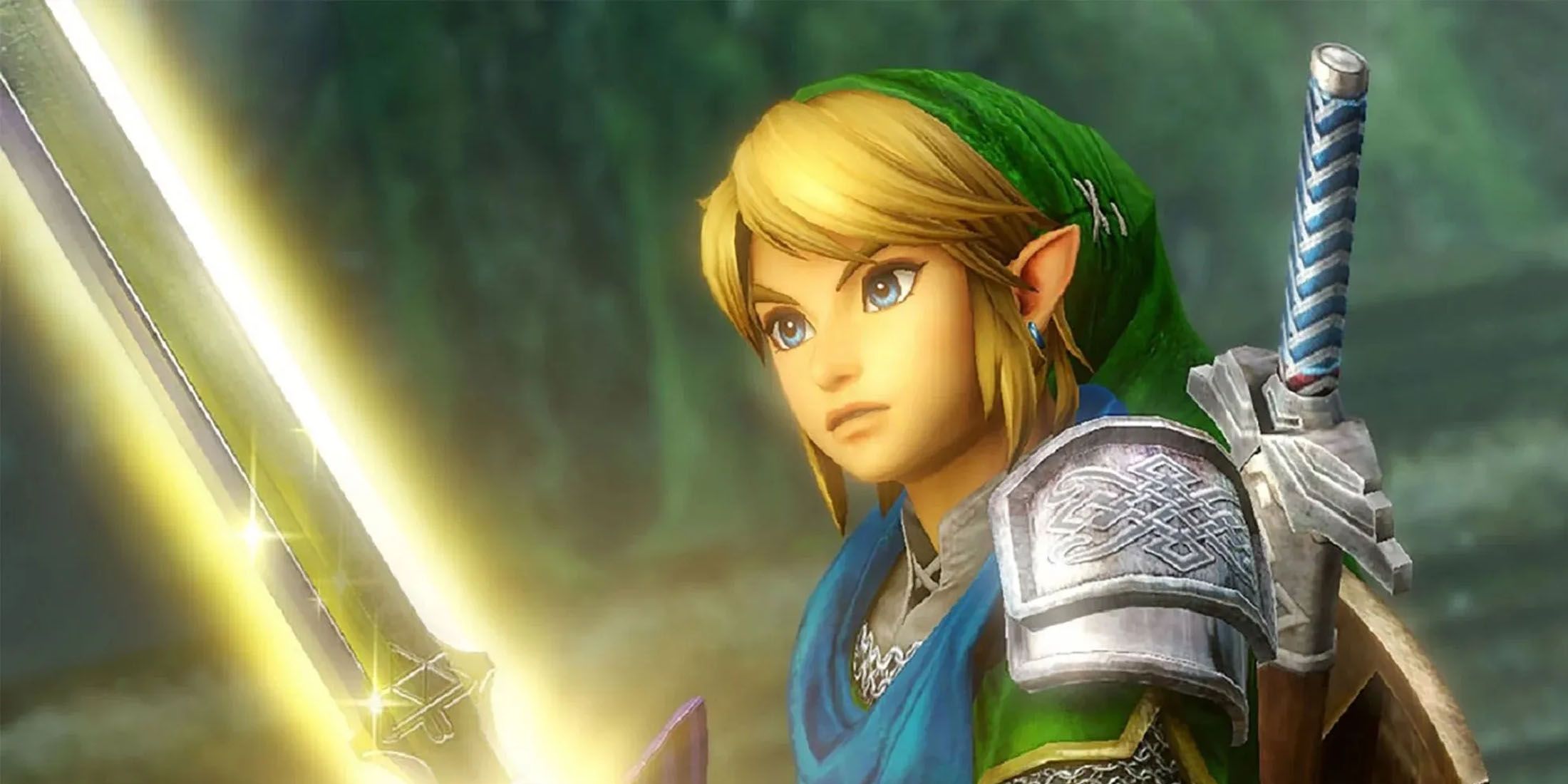 A screenshot of Link holding a glowing Master Sword in a forest in The Legend of Zelda.