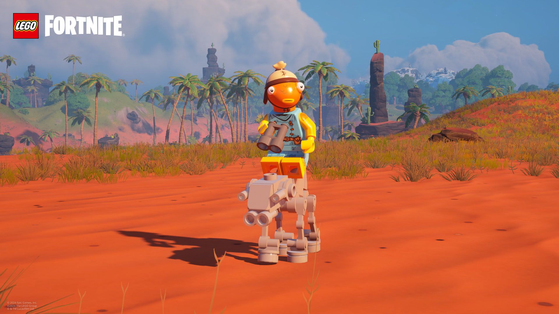 A promotional image of a Fortnite character riding a miniture AT-AT in LEGO Fortnite.