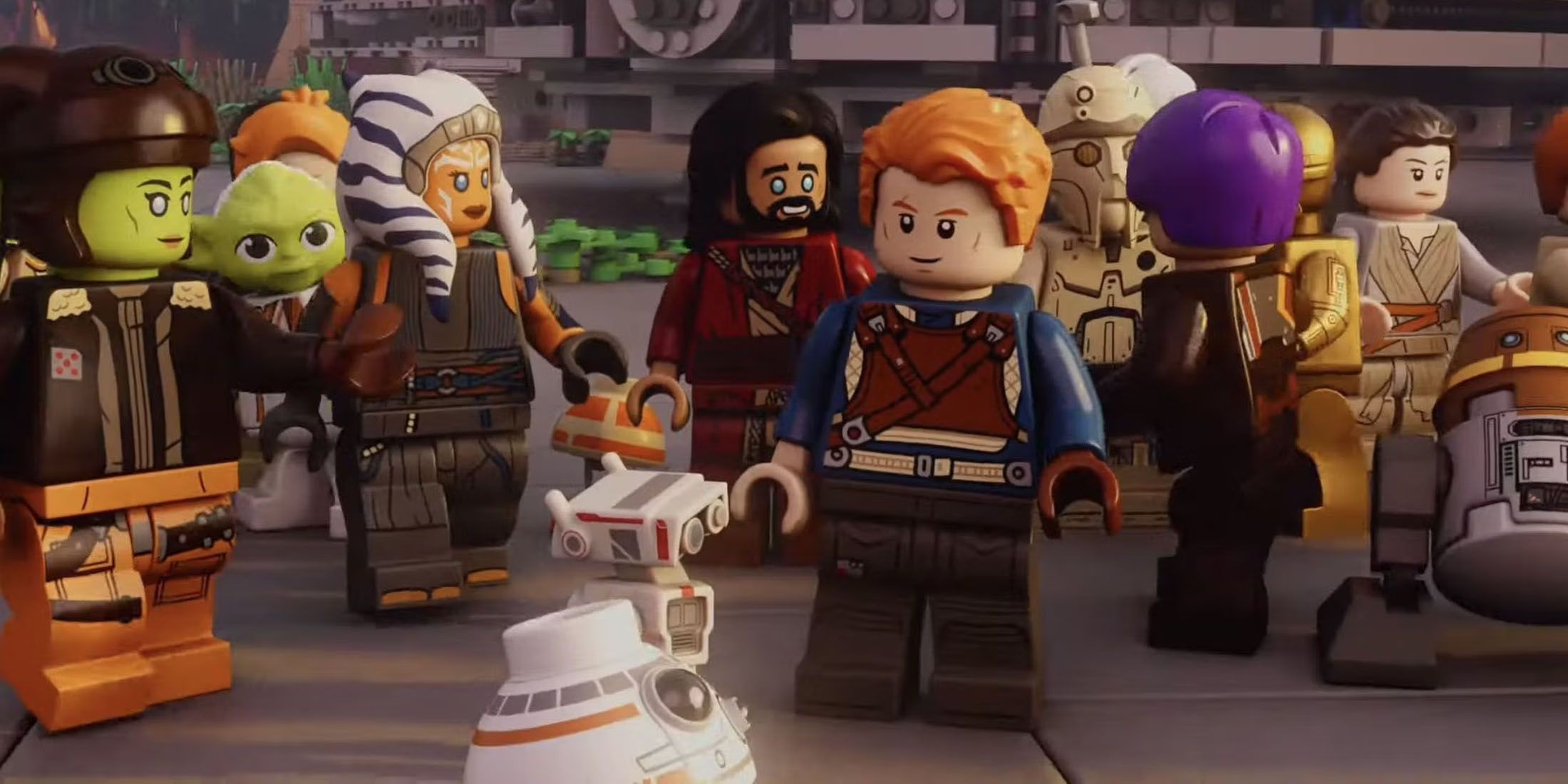 A promotional image of Cal Kestis celebrating with other LEGO Star Wars minifigures.