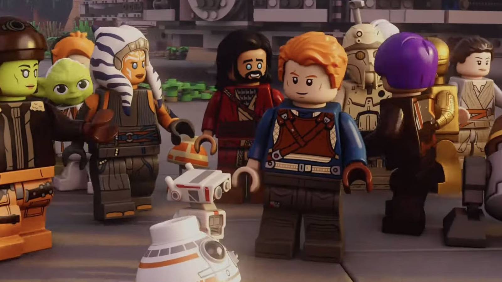 A promotional image of Cal Kestis celebrating with other LEGO Star Wars minifigures.
