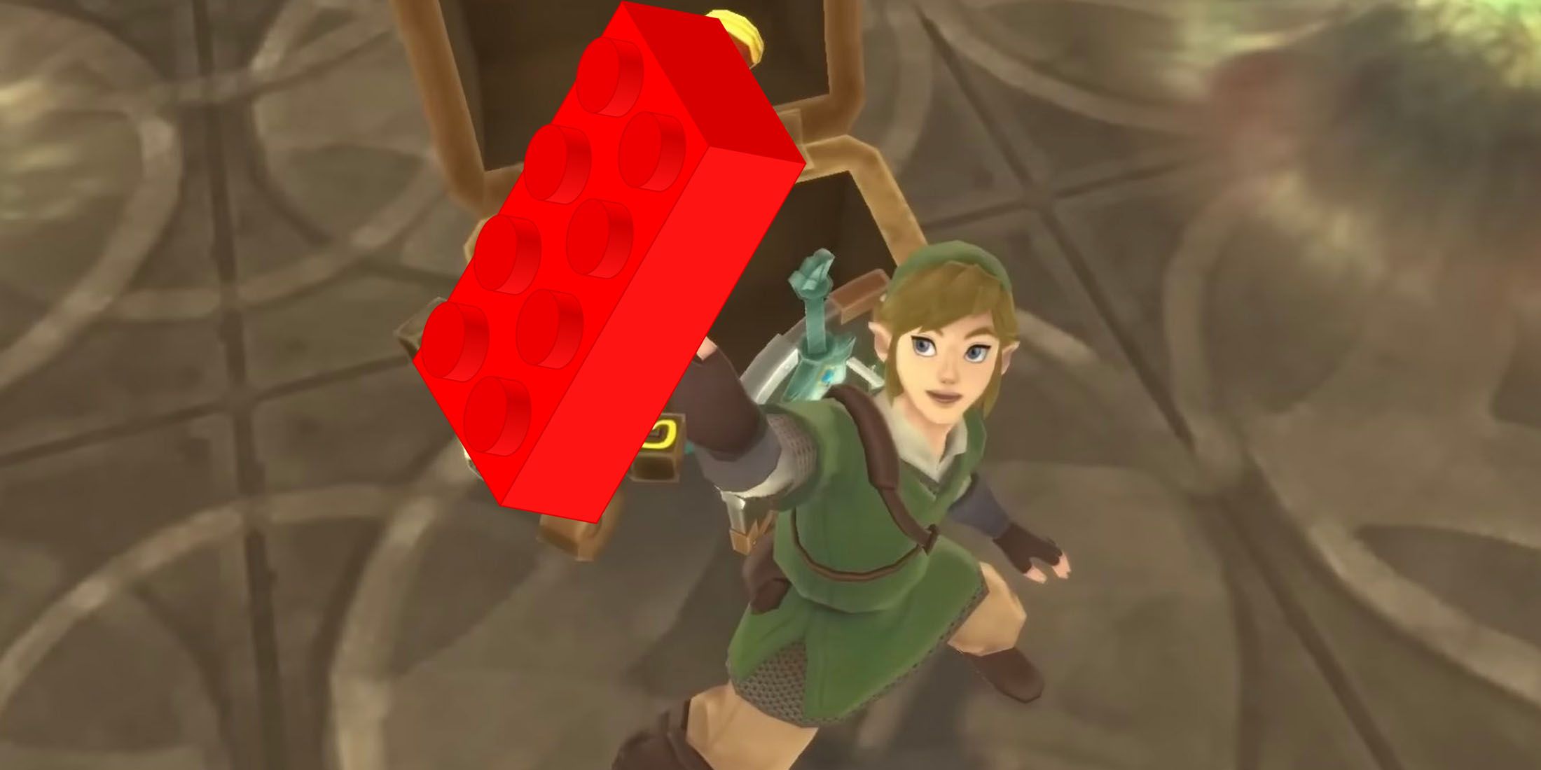 A screenshot of Link from The Legend of Zelda holding a red 2X4 Lego brick.