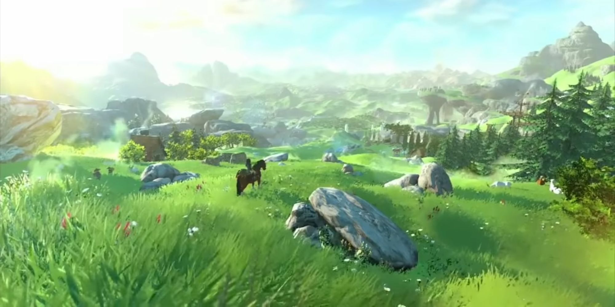 Link and Epona standing in Hyrule Field, in the reveal trailer of Breath of the Wild.