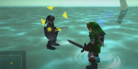 Link facing Dark Link in the Water Temple in The Legend of Zelda: Ocarina Of Time
