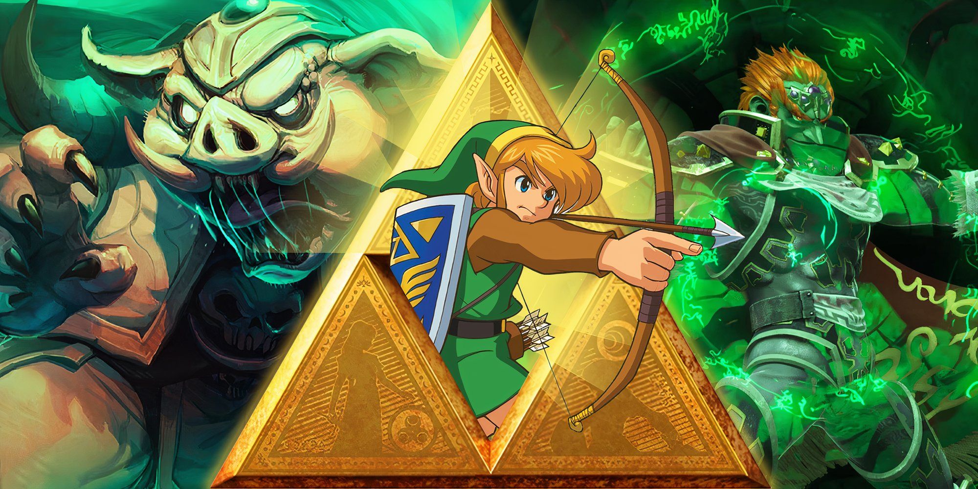Link emerging from the Triforce ready for Ganon and Ganondorf in The Legend of Zelda