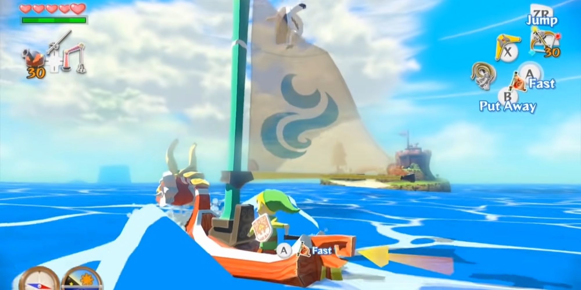 Link navigating the ocean in the reveal trailer for Wind Waker HD.