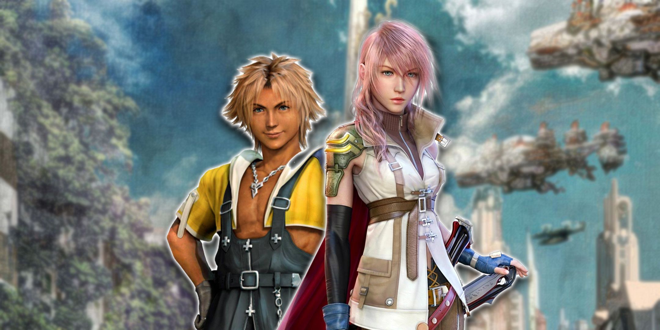Tidus and Lightning from Final Fantasy standing side by side against a backdrop of buildings and air ships