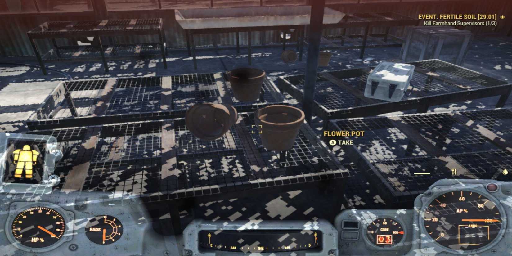 Looting a Flower Pot from the greenhouses at the Vault-Tec Agricultural Research Center Fallout 76