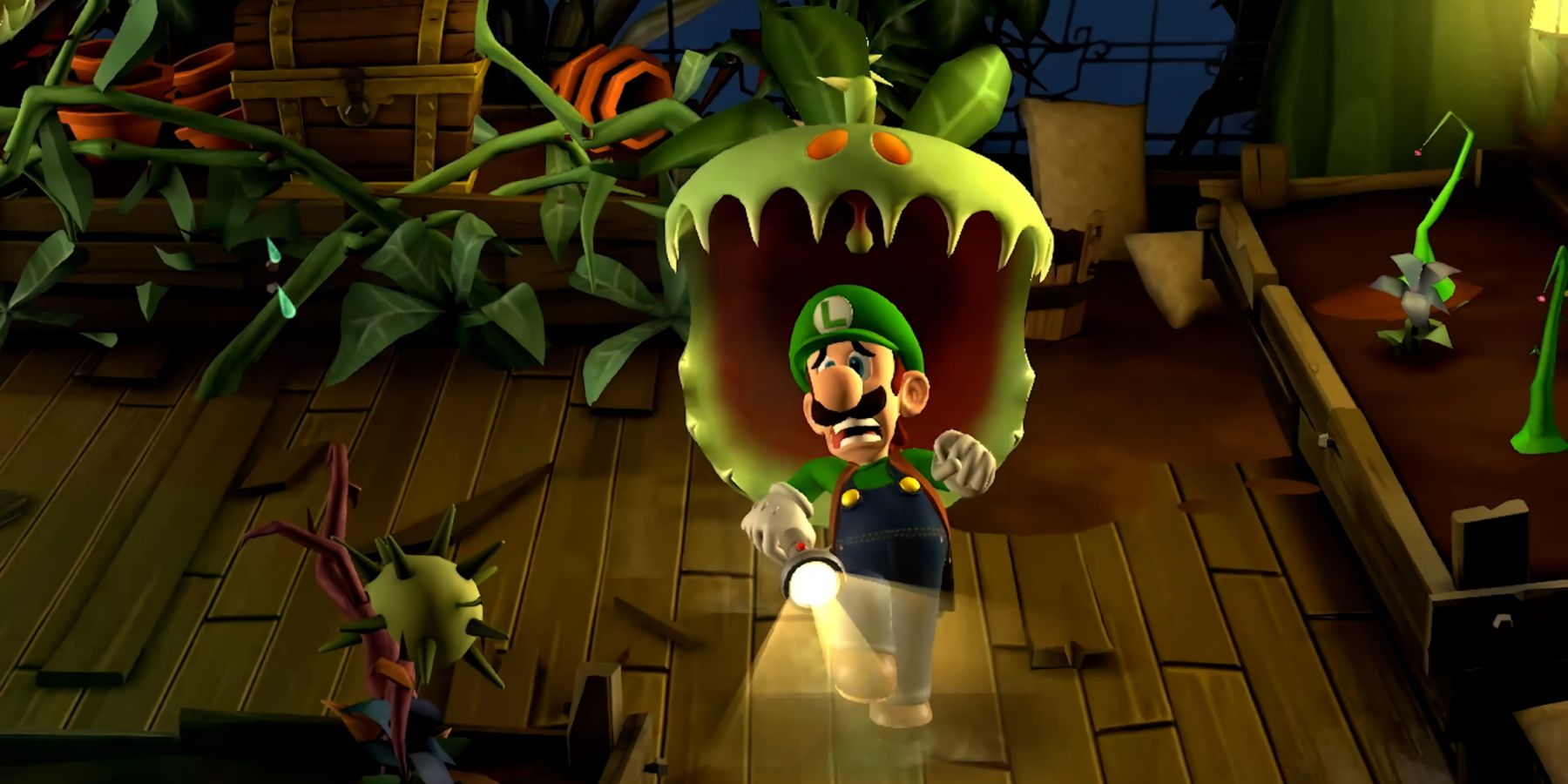 A screenshot from Luigi's Mansion 2 HD showing Luigi running from a plant.