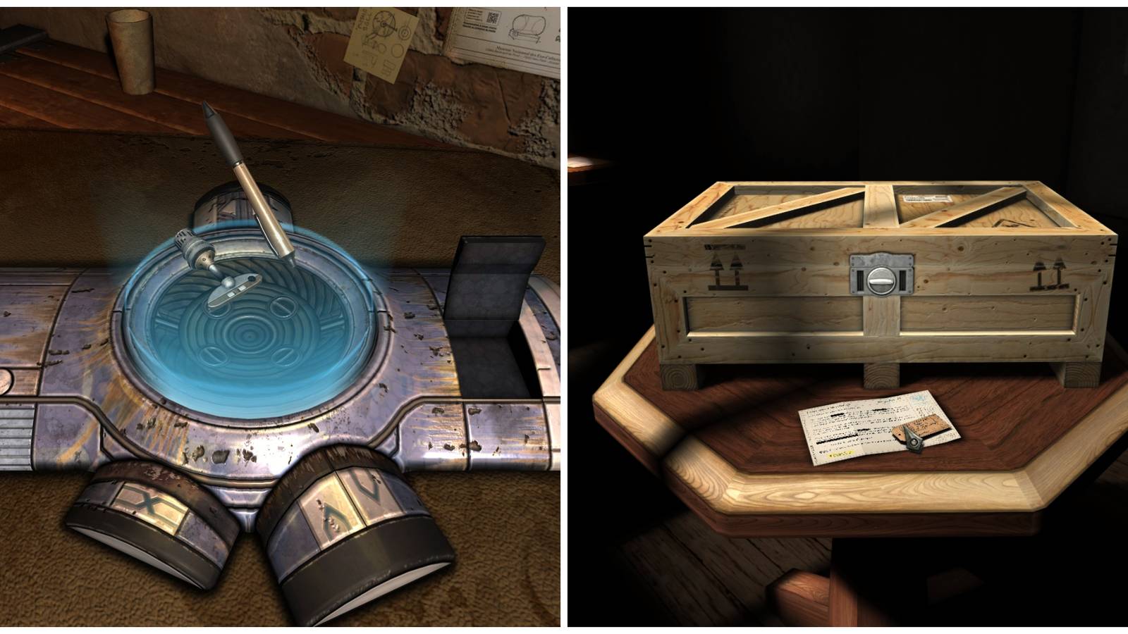 Split image of the anti gravity machine and the wooden box from Chapter 2 in Machinika Museum