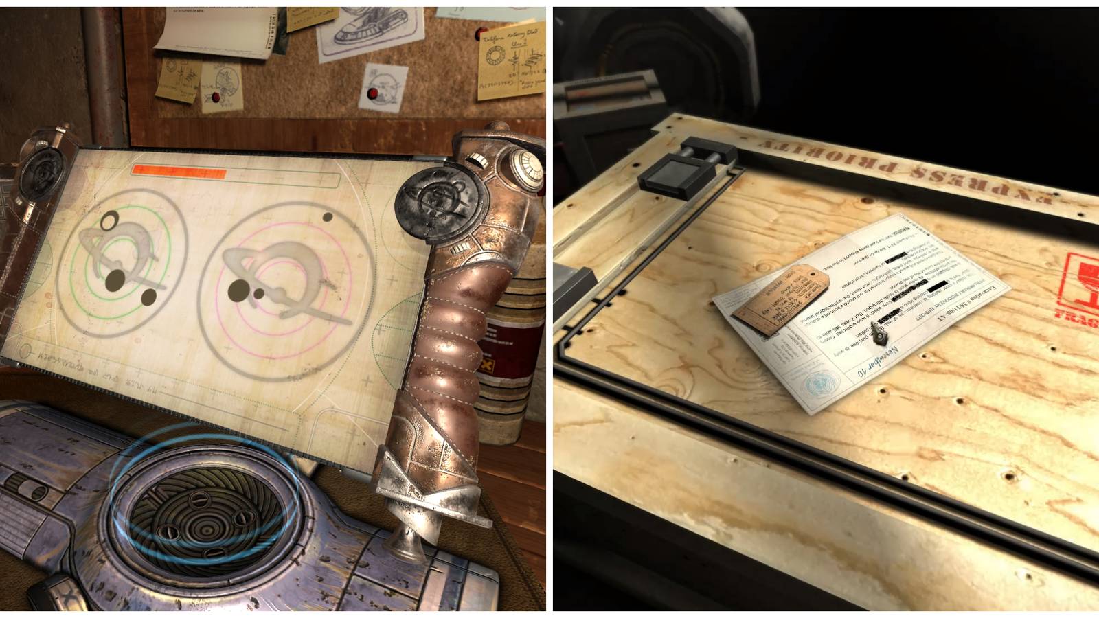Split image of the planets on the scroll and the box to open up at the beginning of chapter 3 in Machinika Museum