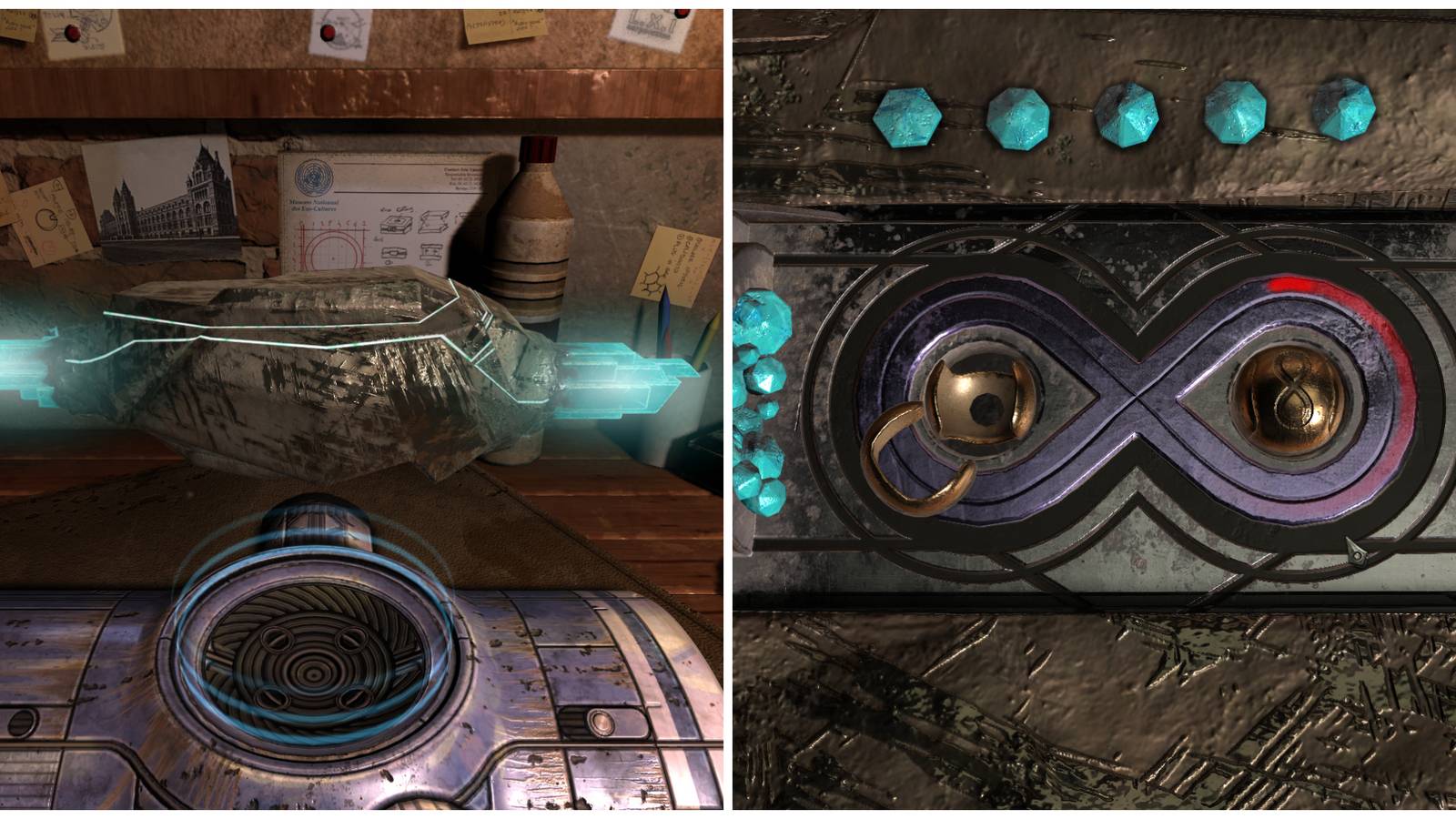 Split image of the alien stone and the metal spheres in it in Machinika Museum Chapter 4