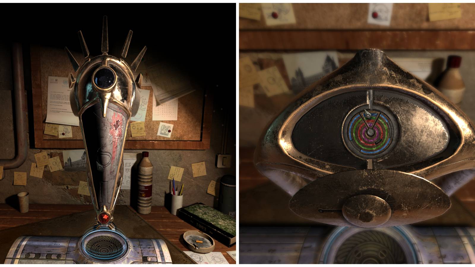 Split image of the mask and the top of the mask in Chapter 5 of Machinika Museum